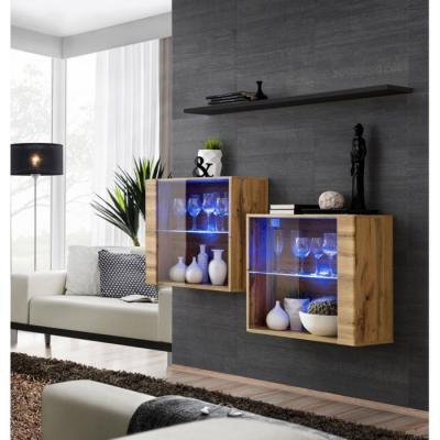 Commode - Switch SB III - 2 vitrines LED - 1 &eacute;tag&egrave;re - Bois et noir - Mod&egrave;le 1