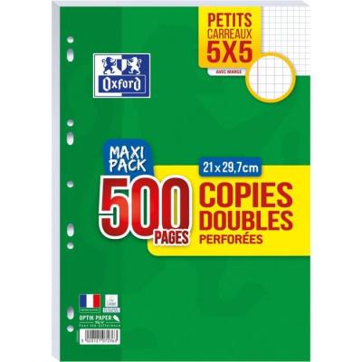 OXFORD  Maxi Pack 125 Copies Doubles (500 Pages) Perfor&eacute;es A4 Quadrill&eacute; 5x5 Avec Marge