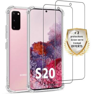 EVETANE Coque pour Samsung Galaxy S20 Antichoc Silicone + 2 verres tremp&eacute;s.