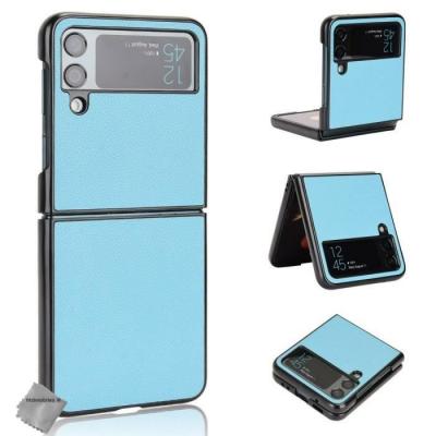 HTDMOBILES Coque rigide simili cuir avant et arri&egrave;re pour Samsung Galaxy Z Flip 4 5G - BLEU CLAIR