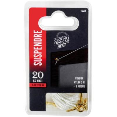 LE CROCHET FRANCAIS Corde suspension - D: 2 mm - 3 m + 8 pitons acier laitonn&eacute; assortis