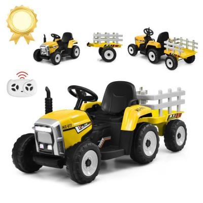 COSTWAY Tracteur Electrique avec Remorque pour Enfants 3 Vitesses Lumi&egrave;res LED Fonctions Audio USB et Bluetooth Jaune