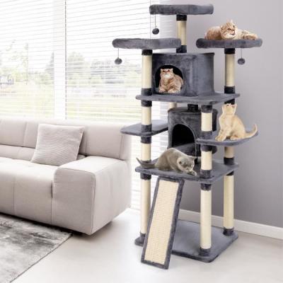 COSTWAY Arbre &agrave; Chat Griffoir 60x50x170 cm avec Poteaux Planche &agrave; Gratter 3 Perchoirs en Peluche 2 Niches 3 Peluches Suspendues