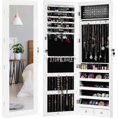 Armoire &agrave; bijoux mural avec miroir et led accroch&eacute;e &agrave; la porte avec serrure verrouillable blanc