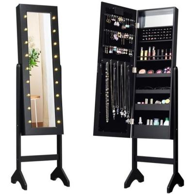 Armoire &agrave; Bijoux sur Pied COSTWAY avec 18 LED, Doublure en Velours Doux 35 &times; 31,5 x 145 CM Noir