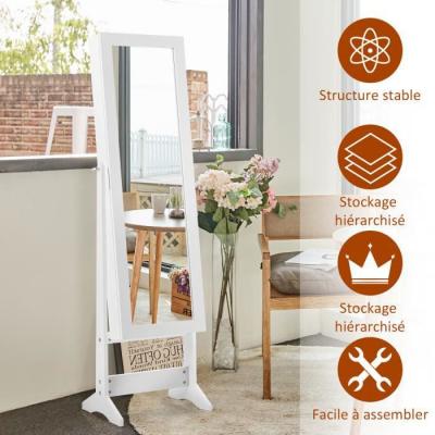 Armoire &agrave;&nbsp; bijoux sur pied avec miroir armoire de rangement cosm&eacute;tiques 3 positions r&eacute;glables blanc