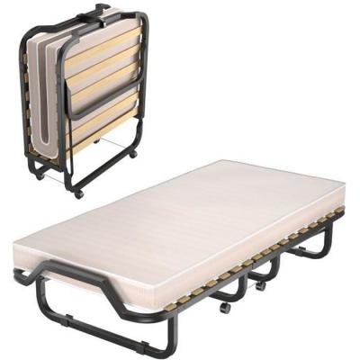 COSTWAY Lit Pliant sur Roulettes 90 x 200 x 41 CM Lit d'Appoint avec Matelas en Mousse 10 CM pour Maison et Bureau Beige