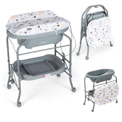 COSTWAY  Table &Agrave; Langer 2 En 1 Avec Baignoire 20l Plateau De Rangement,charge 35kg, Pour B&eacute;b&eacute; 0-12 Mois, Gris