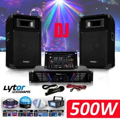 IBIZA LIGHT DJ-300 Pack sonorisation complet avec Enceintes Table de mixage Amplificateur 480W + Pack 4 Jeux de lumi&egrave;re DIAMS LytOr