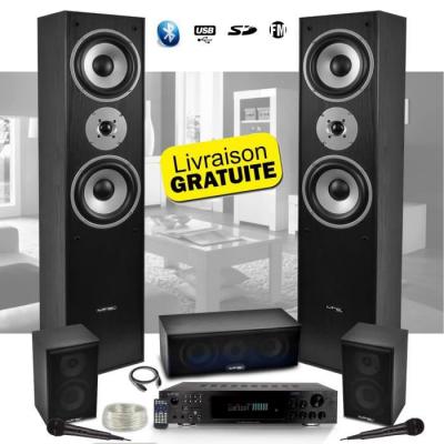 LTC Ensemble 5 enceintes Audio E1004 Noire / Home-Cin&eacute;ma 850W + Ampli ATM8000 Karaoke 2 Micros - USB/BT/FM 4x75W +3 x20W