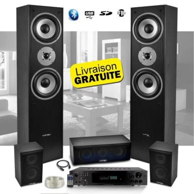 LTC Ensemble 5 enceintes E1004 Noire Hifi / Home-Cin&eacute;ma 850W  + Amplificateur ATM8000 Karaoke USB/BT/FM / 4 x75W + 3 x20W