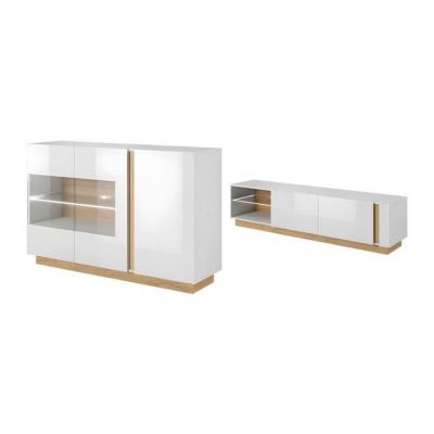VENTE UNIQUE Ensemble buffet et meuble TV blanc brillant et naturel - S&eacute;jour lumineux MURARI