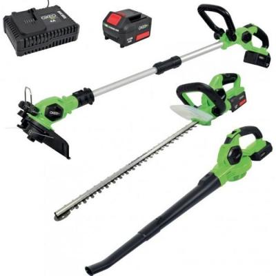 OXEO Packs d'outils de Jardin 18V : Taille Haie / Coupe Bordure / Souffleur avec Chargeur et Batterie 4Ah