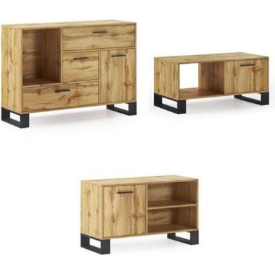 SKRAUT HOME Ensemble LOFT, Buffet, Salle &agrave; manger, buffet-table basse-meuble TV, couleur ch&ecirc;ne rustique