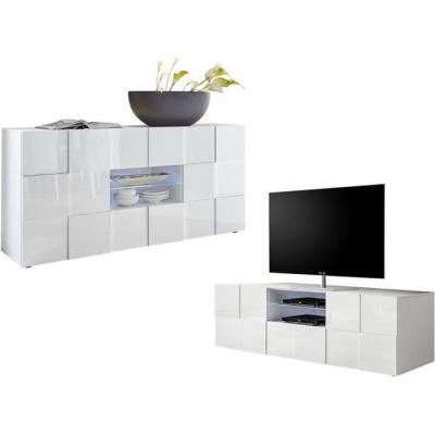 VENTE UNIQUE Ensemble Meuble TV + Buffet - Blanc laqu&eacute; - S&eacute;jour lumineux CALISTO