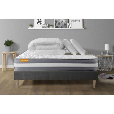 SEPTNUITS Pack matelas sommier kit Gris Memo plus M&eacute;moire de forme avec 2 oreillers et couette