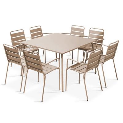 OVIALA Ensemble table de jardin carr&eacute;e et 8 fauteuils en m&eacute;tal taupe