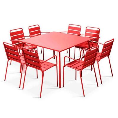 OVIALA Palavas - Table de jardin carr&eacute;e et 8 fauteuils en m&eacute;tal rouge - Rouge