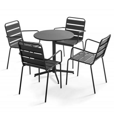 OVIALA Ensemble table de jardin et 4 fauteuils m&eacute;tal gris