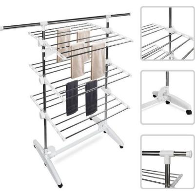 TODECO Etendoir &agrave; linge, etendage &agrave; linge, 3 &eacute;tag&egrave;res, blanc, avec des ailes et une barre sup&eacute;rieure &eacute;tendue, mat&eacute;riau: tubes en acier inoxydable