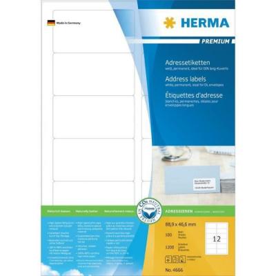 HERMA  4666 &Eacute;tiquettes d'adresse 88,9 x 46,6 Premium A4 1200 pi&egrave;ces Blanc