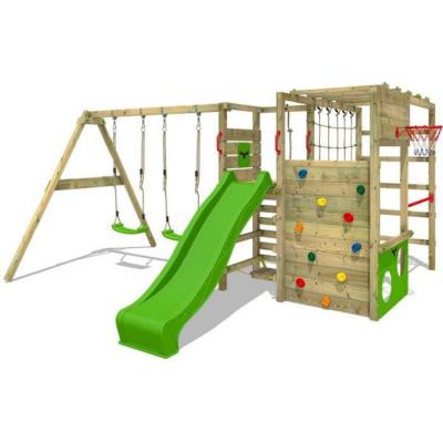 FATMOOSE Aire de jeux Portique bois ActionArena  avec balan&ccedil;oire et toboggan vert pomme