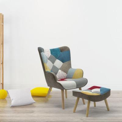MENZZO Fauteuil scandinave + pouf Lylou Tissu Patchwork - Multicolore