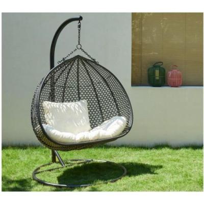 VENTE UNIQUE Fauteuil suspendu 2 places en r&eacute;sine tress&eacute;e noire et coussin blanc - VAHINA