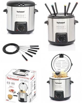TECHWOOD FRITEUSE Inox + Appareil &agrave; FONDUE 2 EN 1 840W Design GRISE + 6 Pics