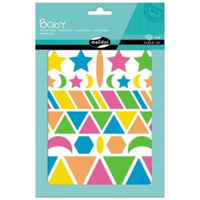 MY MANDARINE Set de 6 planches de gommettes A5 Maildor Baby Geometric Fluo