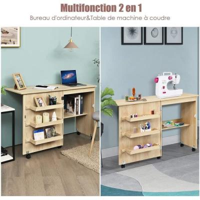 GOPLUS Table pour Machine &agrave; Coudre Pliable -  - Brun Clair - 4 Etag&egrave;res de Rangement