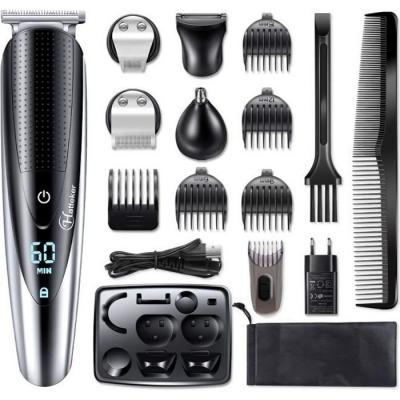 HATTEKER Tondeuse multi-usages  - 5 en 1 pour homme - Noir - Acier - 12 accessoires inclus 