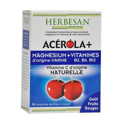 HERBESAN  Acerola + Magn&eacute;sium + Vit B2 B6 B12 - 30 Comprim&eacute;s &agrave; Croquer - Bo&icirc;te 30 Comprim&eacute;s