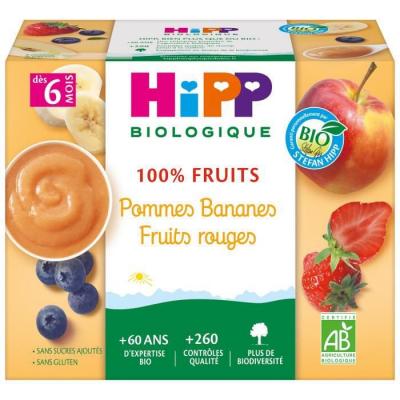 HIPP  100% Fruits - 4 x 100 g Pommes Bananes Fruits rouges - 6M