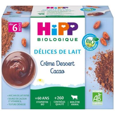  Hipp Bio D&eacute;lices de Lait Coupelle Cr&egrave;me Dessert Cacao +6m 4 x 100g