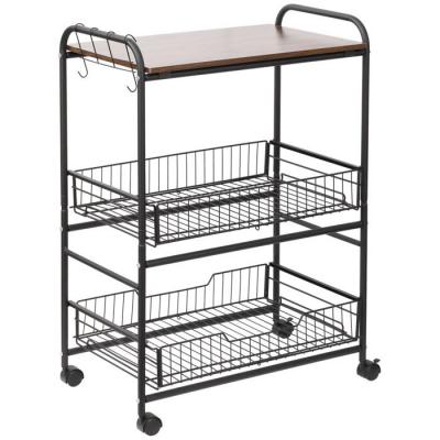 Desserte n&eacute;o-r&eacute;tro style industriel 2 paniers m&eacute;tal noir plateau aspect bois