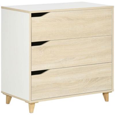 Commode design scandinave 3 tiroirs pi&egrave;tement effil&eacute; panneaux mdf blanc aspect bois clair