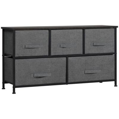 Commode 5 tiroirs non-tiss&eacute;s anthracite m&eacute;tal noir plateau aspect bois