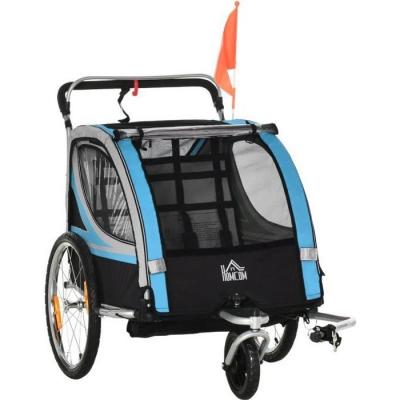 HOMCOM  Remorque v&eacute;lo pour enfant 2 en 1 convertible jogger poussette capacit&eacute; 26,4 kg avec r&eacute;flecteurs et drapeau - 2 places - bleu