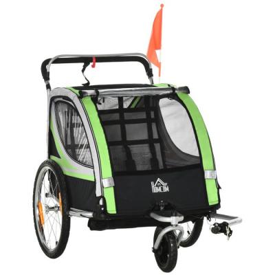 HOMCOM  Remorque v&eacute;lo pour enfant 2 en 1 convertible jogger poussette capacit&eacute; 26,4 kg avec r&eacute;flecteurs et drapeau - 2 places - vert