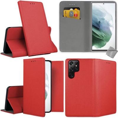 HTDMOBILES Housse etui coque pochette portefeuille pour Samsung Galaxy S22 Ultra 5G + verre trempe - ROUGE MAGNET - 