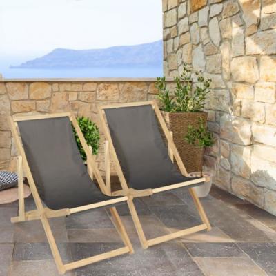 IDMARKET Lot de 2 chaises longues pliantes chilienne bois toile gris anthracite