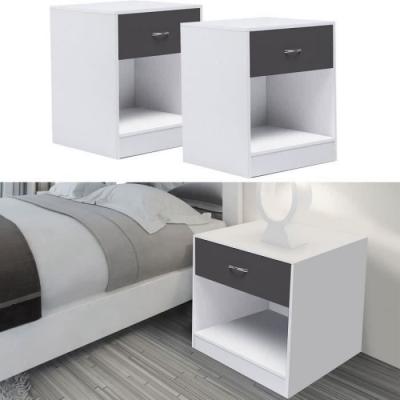 Lot De 2 Tables De Chevet Olga 1 Tiroir Avec Niche Bois Blanc Et Tiroir Gris