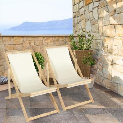 IDMARKET Lot de 2 chaises longues pliantes chilienne bois avec toile &eacute;crue