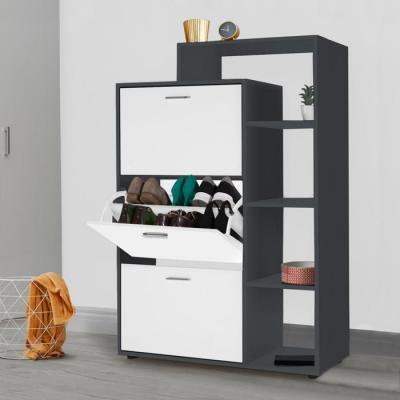 Meuble &agrave; chaussures gris 3 portes blanches avec &eacute;tag&egrave;re