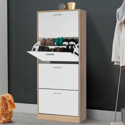 Meuble &agrave; chaussures imitation h&ecirc;tre 4 portes blanches