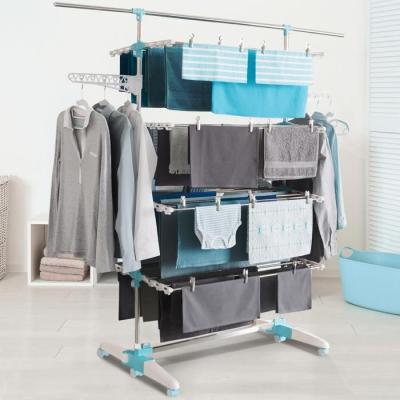 IDMARKET S&eacute;choir &agrave; linge blanc/bleu 4 niveaux r&eacute;glables XXL + barre t&eacute;lescopique