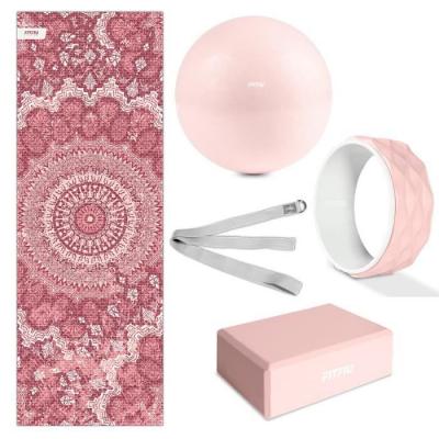 FITFIU FITNESS Kit de 5 accessoires KITWELL-500 rose pour yoga et pilates. Enseble d'articles qui comprend tapis ethnique, brique, yoga wheel, ballon gym et sangle