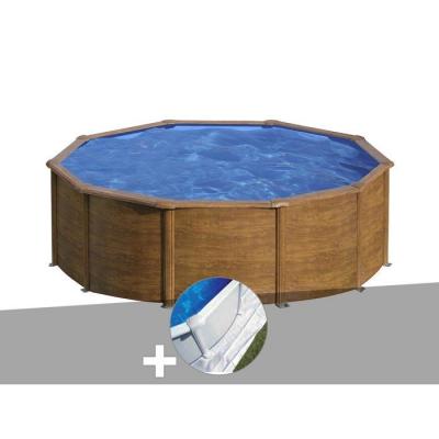GRE Kit piscine acier aspect bois Gr&eacute; Sicilia ronde 4,80 x 1,22 m + Tapis de sol