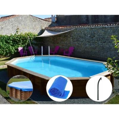 GRE Kit piscine bois Gr&eacute; Safran 6,20 x 3,95 x 1,36 m + B&acirc;che hiver + B&acirc;che &agrave; bulles + Douche